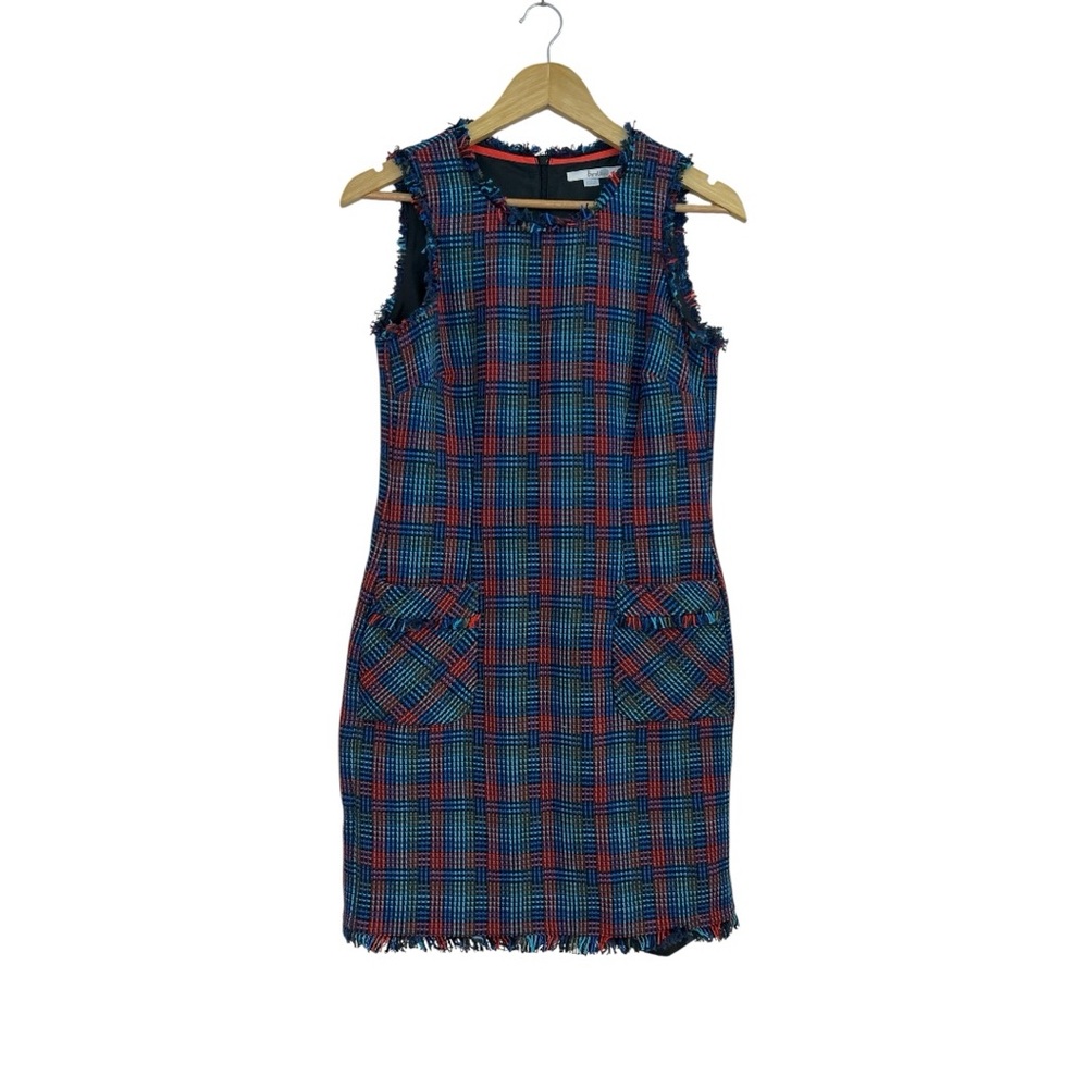 Boden Tartan Plaid Multicolor Blue & Red Tweed Fray Pencil Mini Dress, Size 4